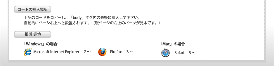 「コードの挿入場所」上記のコードをコピーし、「body」タグ内の最後に挿入して下さい。自動的にページ右上へと設置されます。（現ページの右上のパーツが見本です。）「推奨環境」Windowsの場合：Microsoft Internet Explorer以上。Firefox3以上。Macの場合：Safari　5以上。